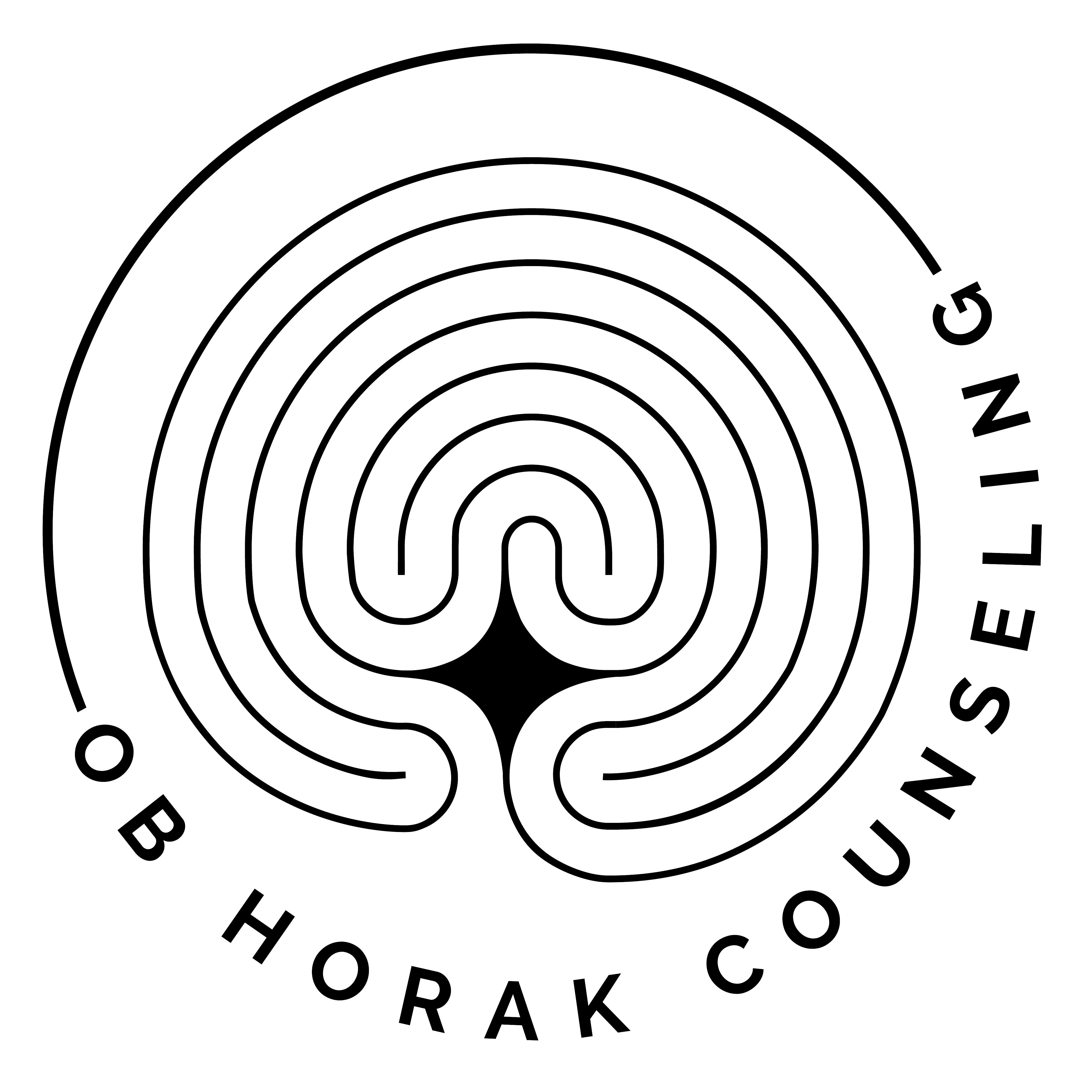 A black circle logo on a transparent background, with the words "OB Horak Counseling" on the outside and a classic 7 circuit labyrinth with a dark center making the labyrinth look like a brain in the center of the circle.