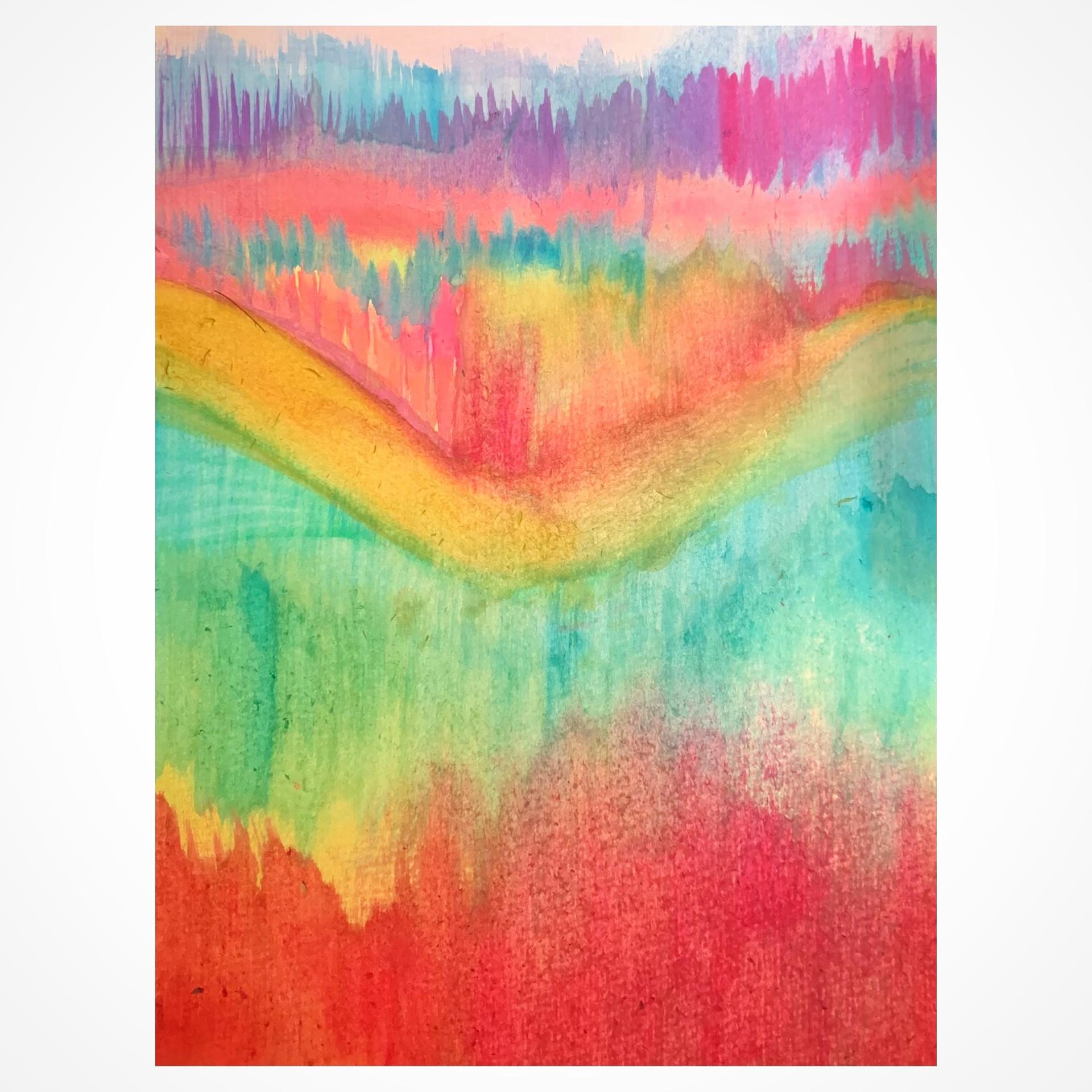 A colorful mountainside painted in watercolor, created while two famous poems were read. The painting blends vibrant colors to reflect the emotions and imagery of the poems.