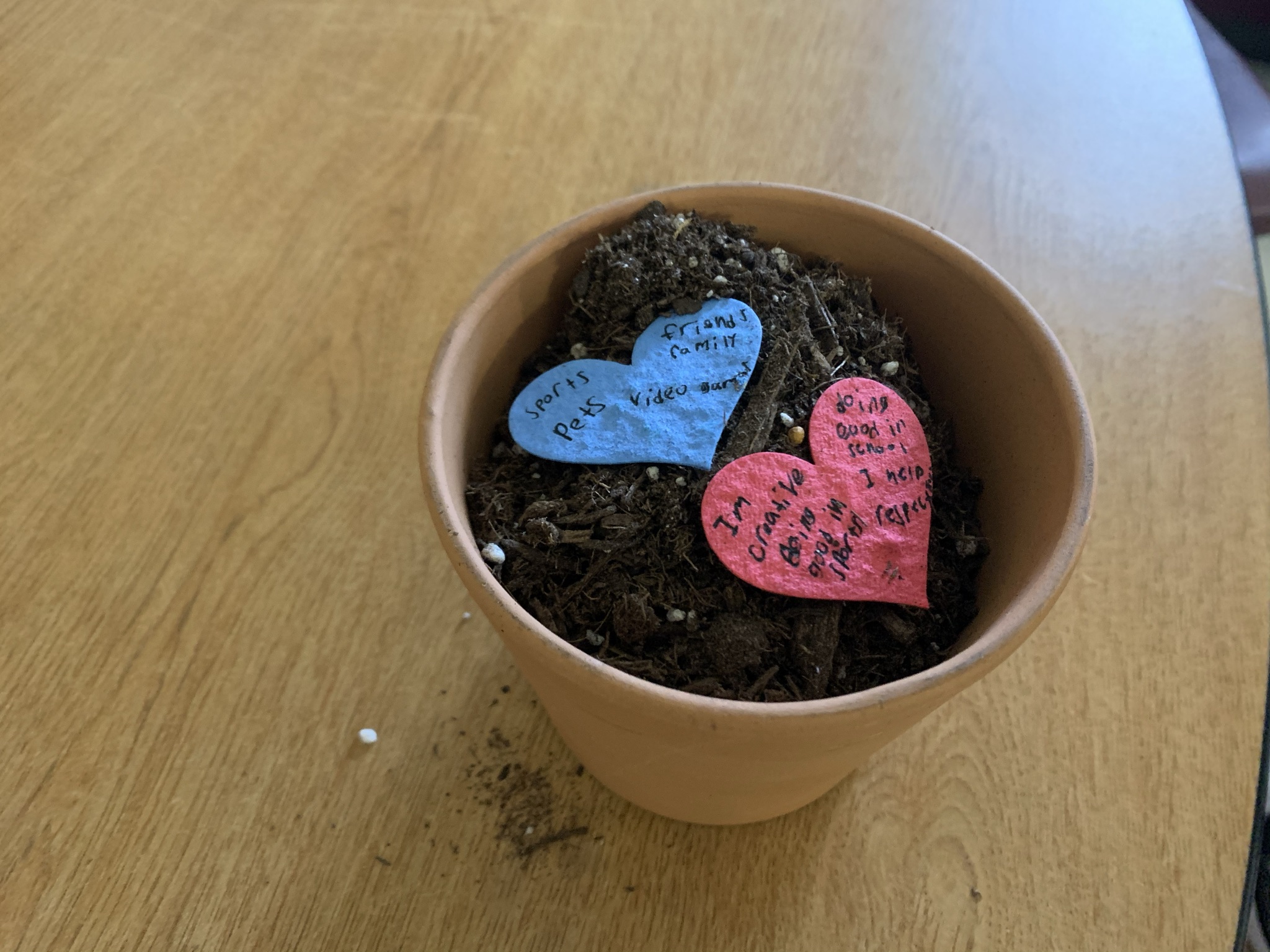 A flower pot with dirt holding two heart-shaped pieces of seed paper, one red and one blue. The papers are inscribed with words about what the client loved about his dad and can be planted to grow into flowers.