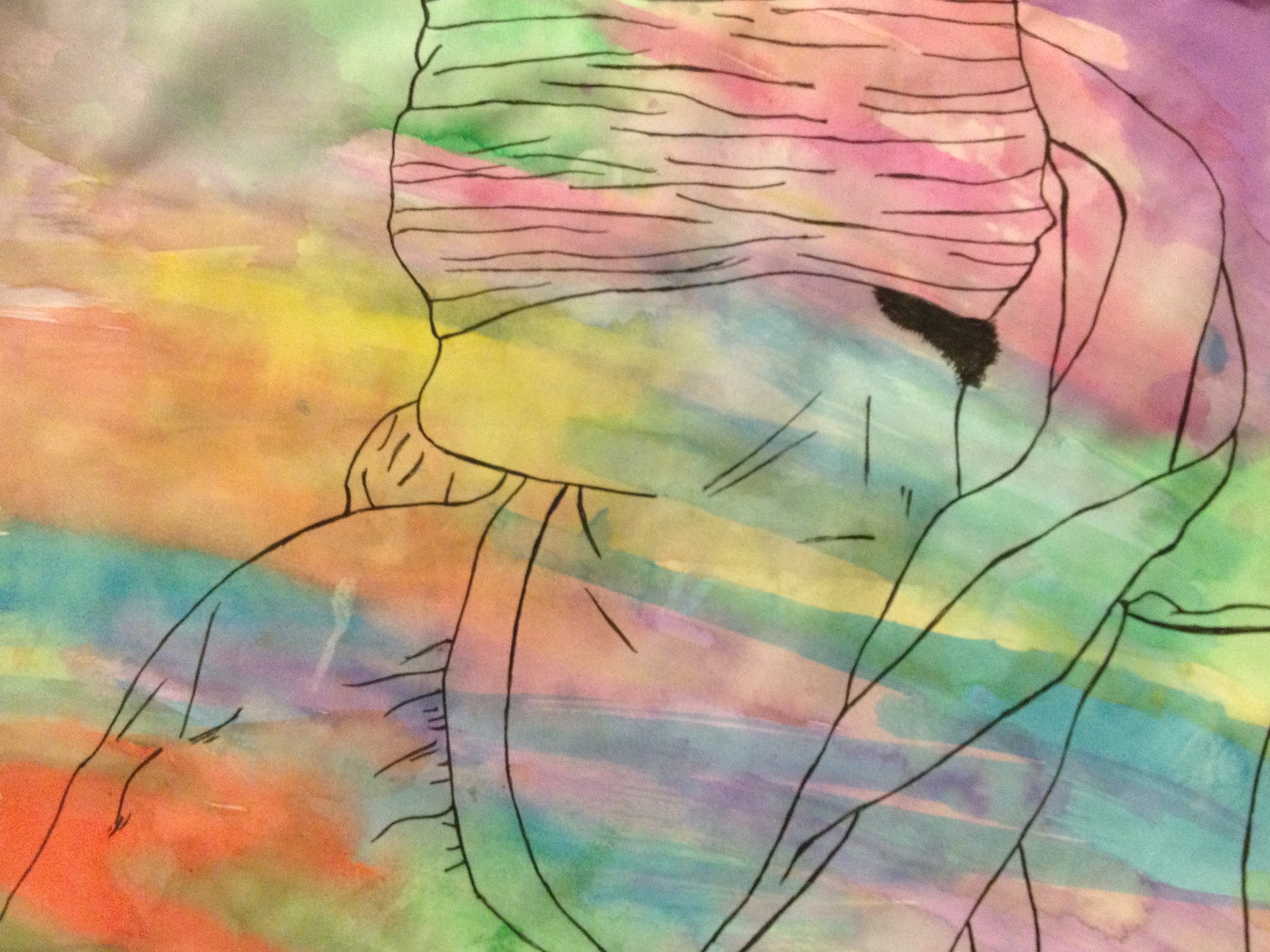 A non-binary individual depicted in a pen-outline self-portrait, wearing a blindfold painted with bright, rainbow watercolors