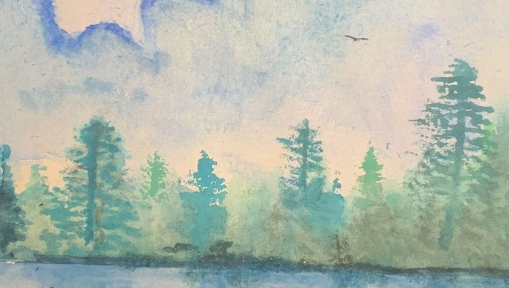A watercolor painting done by OB Horak of trees, with a lake in front. Clouds and birds are in the sky. 